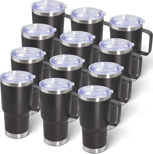 20 oz Tumbler with Handle and Lid, Stainless Steel Tumbler Insulated Travel Coffee Mug, Spill Proof Double Wall Vacuum Tumbler Cup Keep Drink Hot & Cold, Grey, 12 Pack