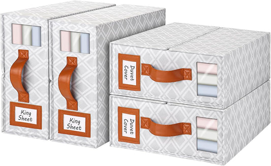 4 Pack Bed Sheet Organizers and Storage, (King & Queen Size) Sheet Organizer for Linen Closet, Foldable Bedding Storage Box with Window for Bedsheets, Duvet Cover and Pillowcase (Light Printed 4 Pack)