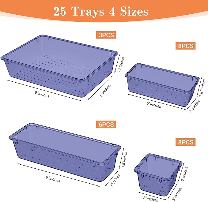 25 PCS Plastic Drawer Organizer Set, 4-Size Versatile Organizer Trays & storage Bins for Makeup, Jewelry, and Gadgets in Bathroom, Bedroom and Office,Dark Blue