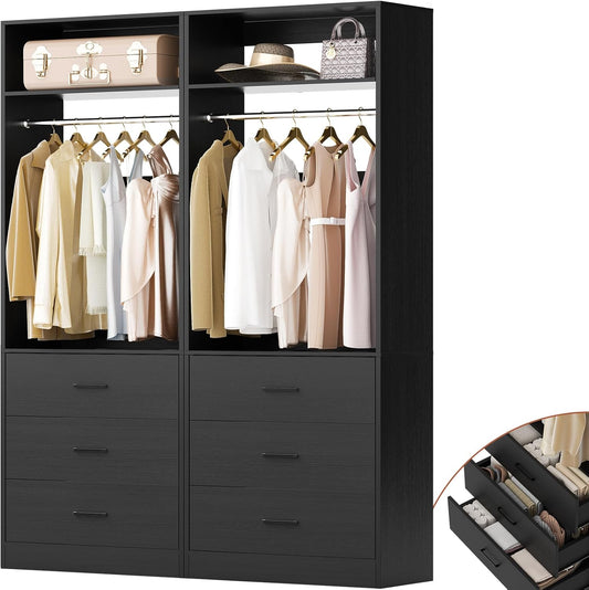 Closet System Set of 2, 4FT Closet Systems with 6 Wood Drawers, 48" Closet Organizer System with 2 Hanging Rods & 2 Shelves, Heavy Duty 48 Inch Walk-in Closet, Black (48"L x 15" W x 80" H)