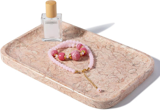 Koville Marble Tray, 12"x8" Natural Marble Vanity Tray for Countertop Bathroom Kitchen Dresser, Decorative Catchall Trays for Perfume Jewelry, Rectangular Stone Serving Tray(Pink)
