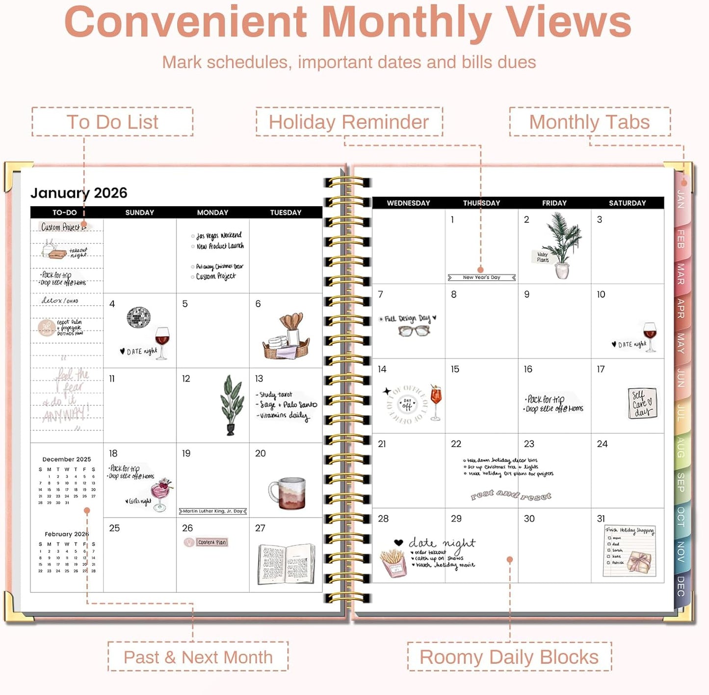 2026 Planner Hardcover Weekly & Monthly Calendar Planner for Women Jan 2026 - Dec 2026 8.5" x 11" Daily Agenda Book with Tabs Spiral Bound Inner Pocket Perfect for School Office, Pink(Rose)