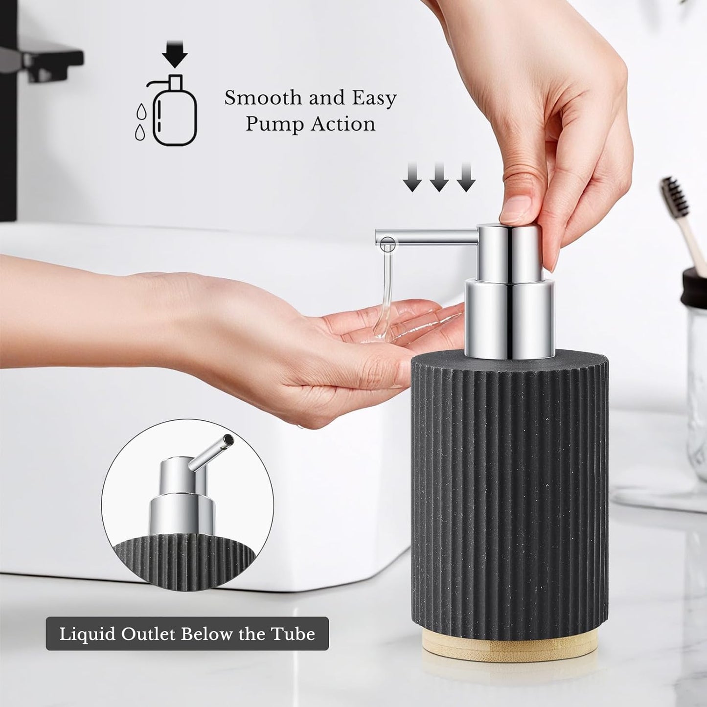 Black Bathroom Accessories Set, 7PCS Resin Bathroom Set with Bamboo Base, with Soap Dispenser, Q-tip Holder, Toothbrush Holder, Tumbler, Soap Dish, Vanity Tray, Complete Bathroom Set for Modern Decor