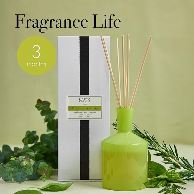 LAFCO New York Classic Reed Diffuser, Rosemary Eucalyptus - 6 oz - Up to 3 Months Fragrance Life - Reusable Glass Vessel - Natural Wood Reeds - Made in The USA