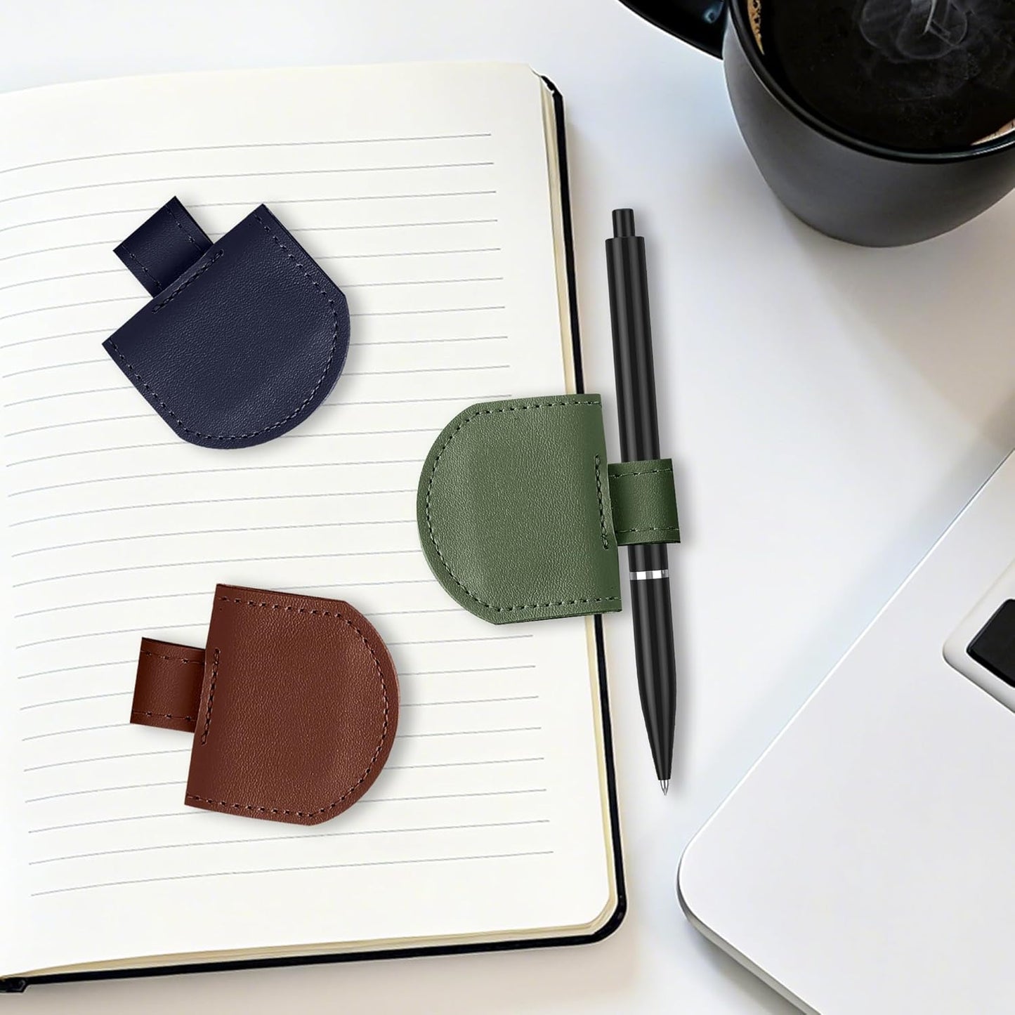 Magnetic Pen Loop Holder, Pencil Holder for Notebooks, Journals, Calendars, PU Leather 3 Pack