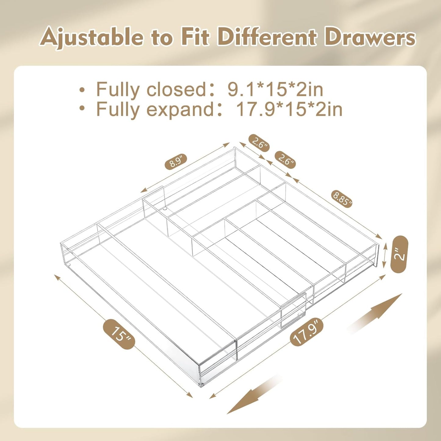 1 Pcs Acrylic Drawer Organizer Maximum 15 x 18 x 2 Inch Expandable Drawer Organizer Pens Notebook Ruler Makeup Tray with 7 Adjustable Compartments for Desk Office Kitchen Bathroom (Clear)