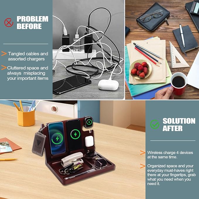 Wood Phone Docking Station,27W Fast Charging 2 Phone Wireless Charging Station for iosPhone/Android/iWatch/Air Pod,Nightstand Organizer for Men/Women,Anniversary,Birthday Gifts for Dad