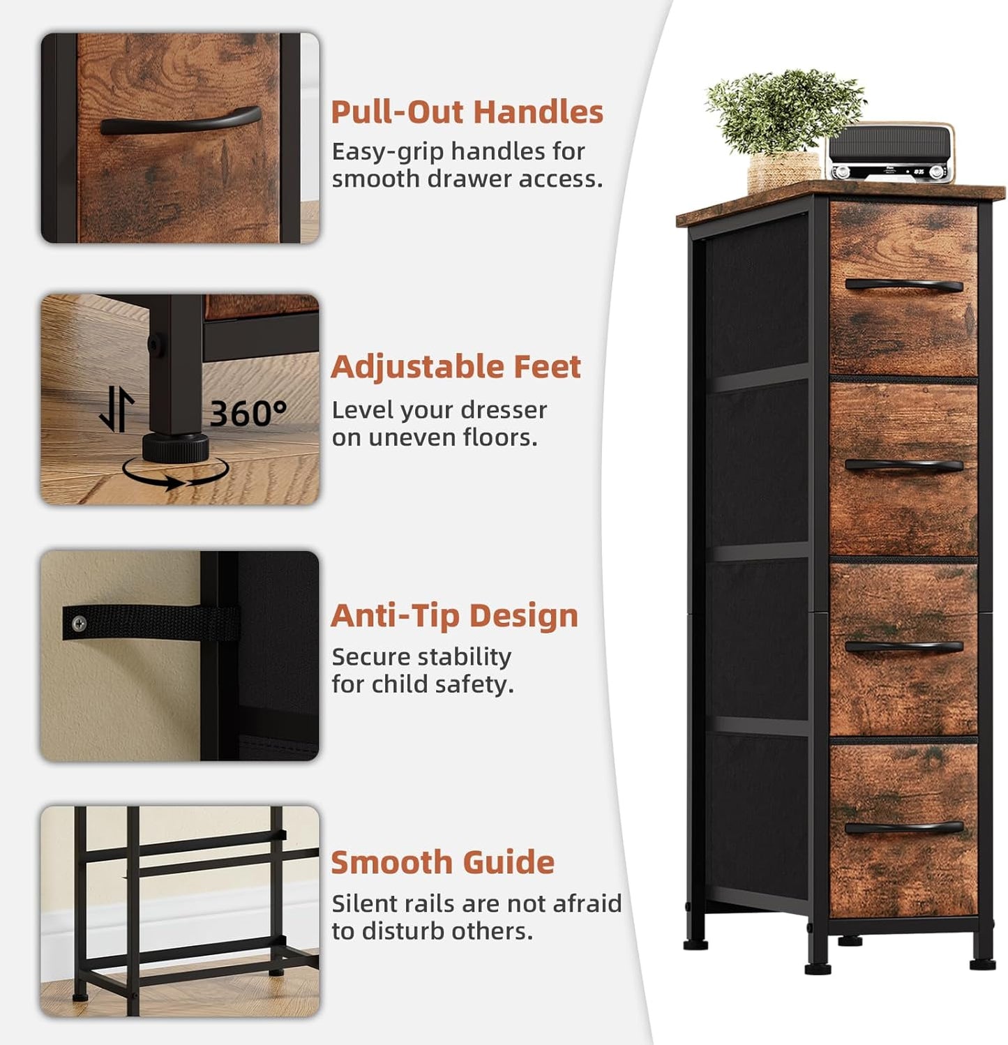 Somdot Narrow Dresser with 4 Drawers, Slim Storage Organizer Chest of Drawers with Removable Fabric Drawers for Small Spaces Bathroom Closet Bedroom Laundry, Wood Grain Print