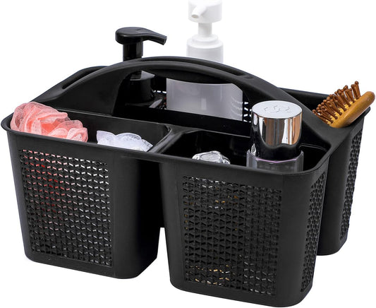 UUJOLY Plastic Portable Shower Caddy Basket Bucket, Cleaning Shower Basket with Handle Compartments Storage Basket Organizer for Bathroom Kitchen College Dorm Sink, Black