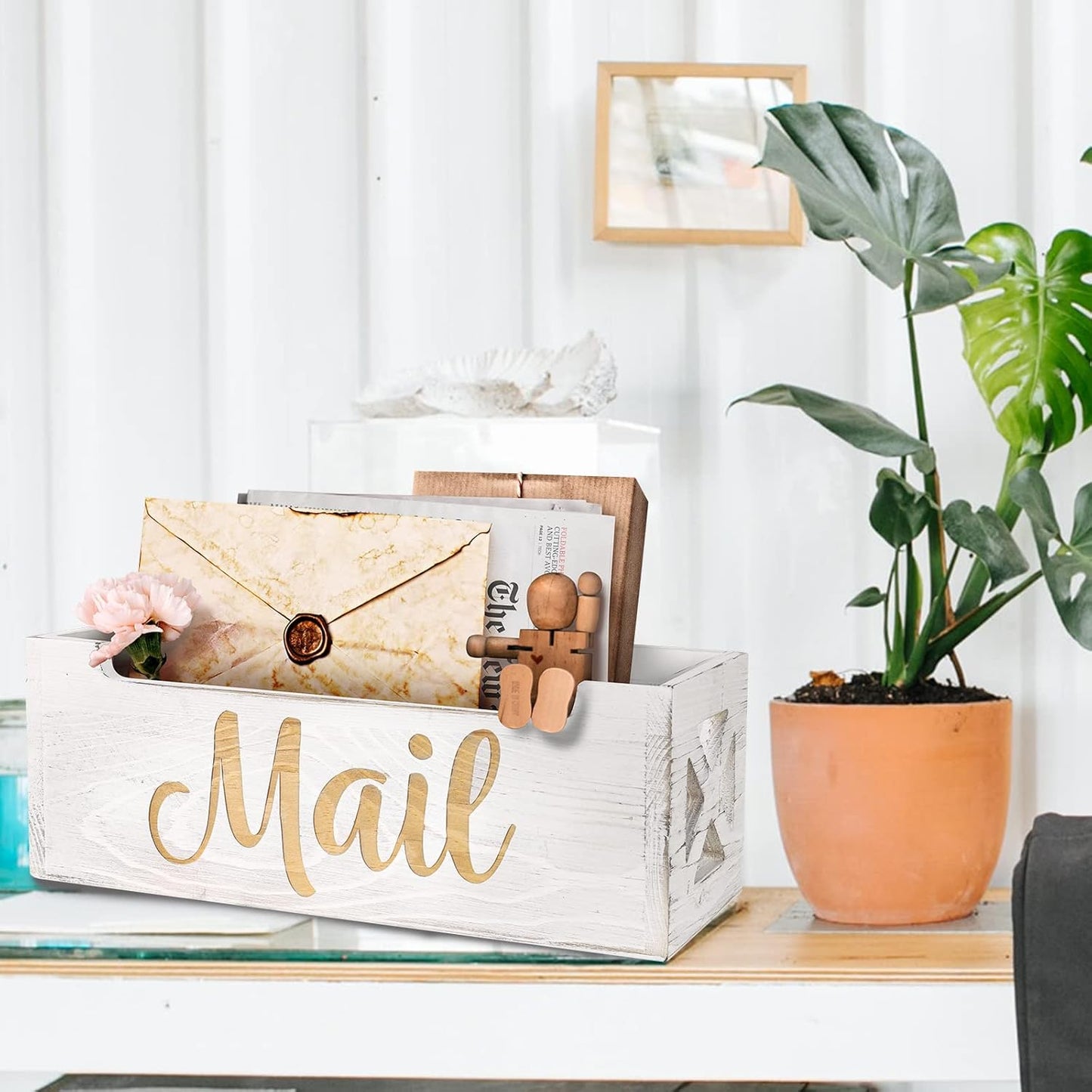 Mail Holder Countertop - Mail Organizer Countertop, Mail Holder Box for Desk, Letter Holder, Mail Tray, Mail Basket for Counter, Rustic Wooden Mail Storage Organizer Wall Mounted