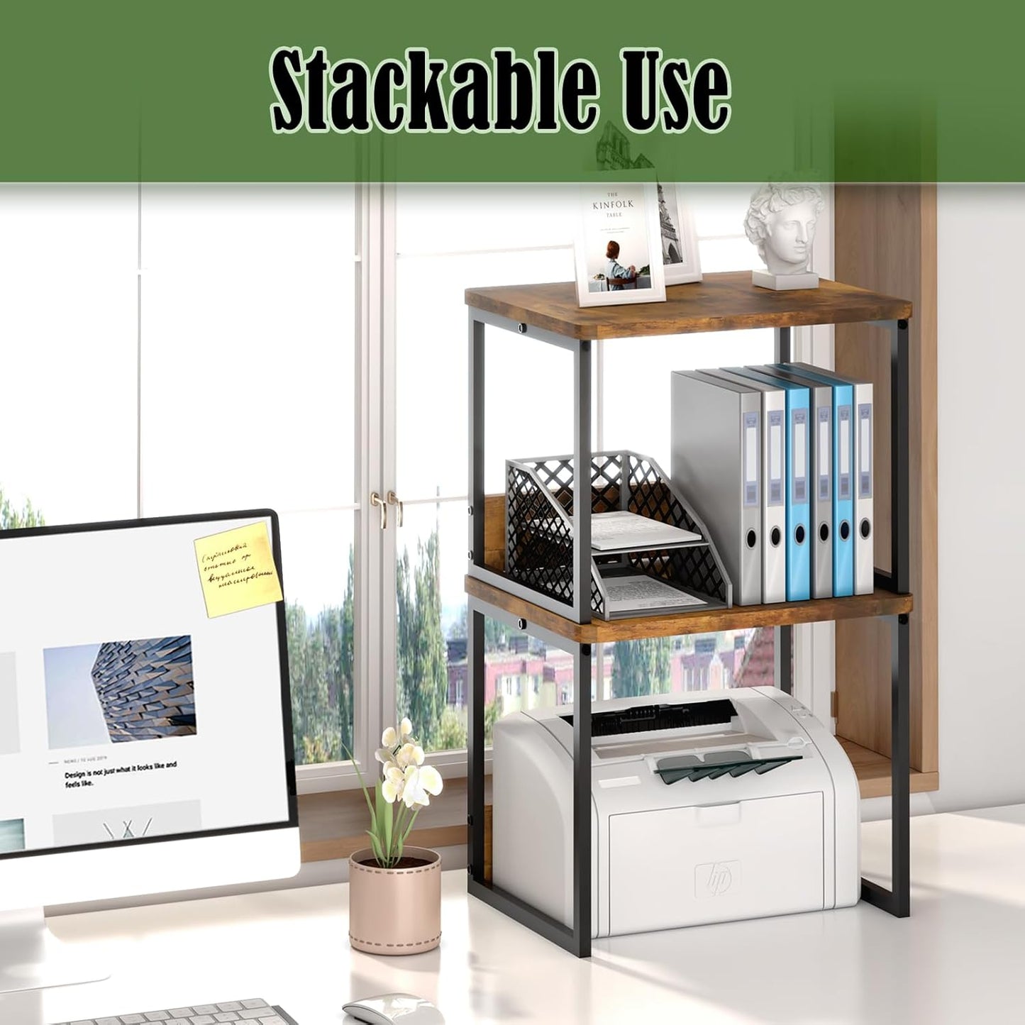 MARTY Desktop Printer Stand 2 Pack Printer Stand with Storage for Desk, Shelf Organzier for Home/Office Printer Riser Under Desk Small Table for Fax Machine Scanner(Rustic Brown)