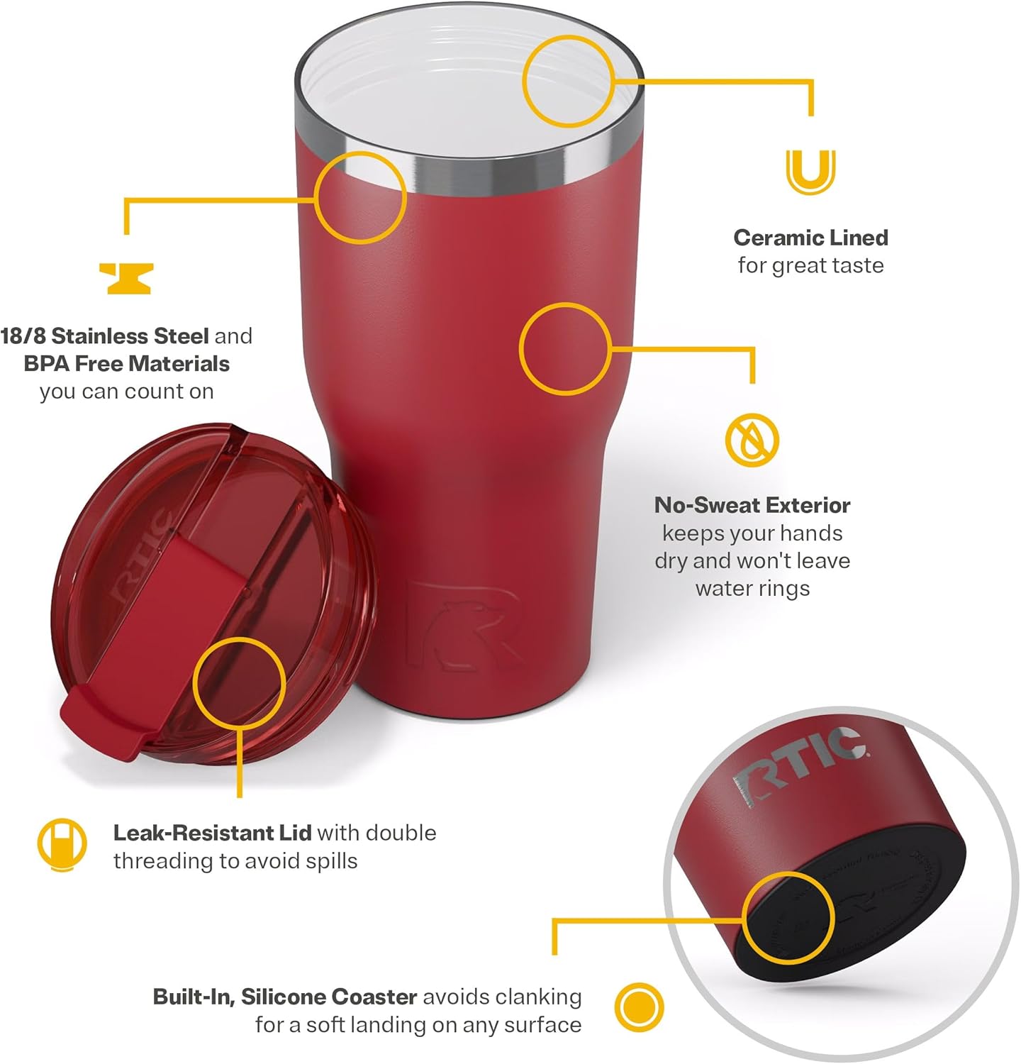 RTIC 30oz Essential Tumbler with Lid, Ceramic Lined, Insulated, Stainless Steel, Metal, Double Wall Vacuum-Insulation, Travel Cup for Iced Coffee, Tea, Hot and Cold Drink, Flag Red