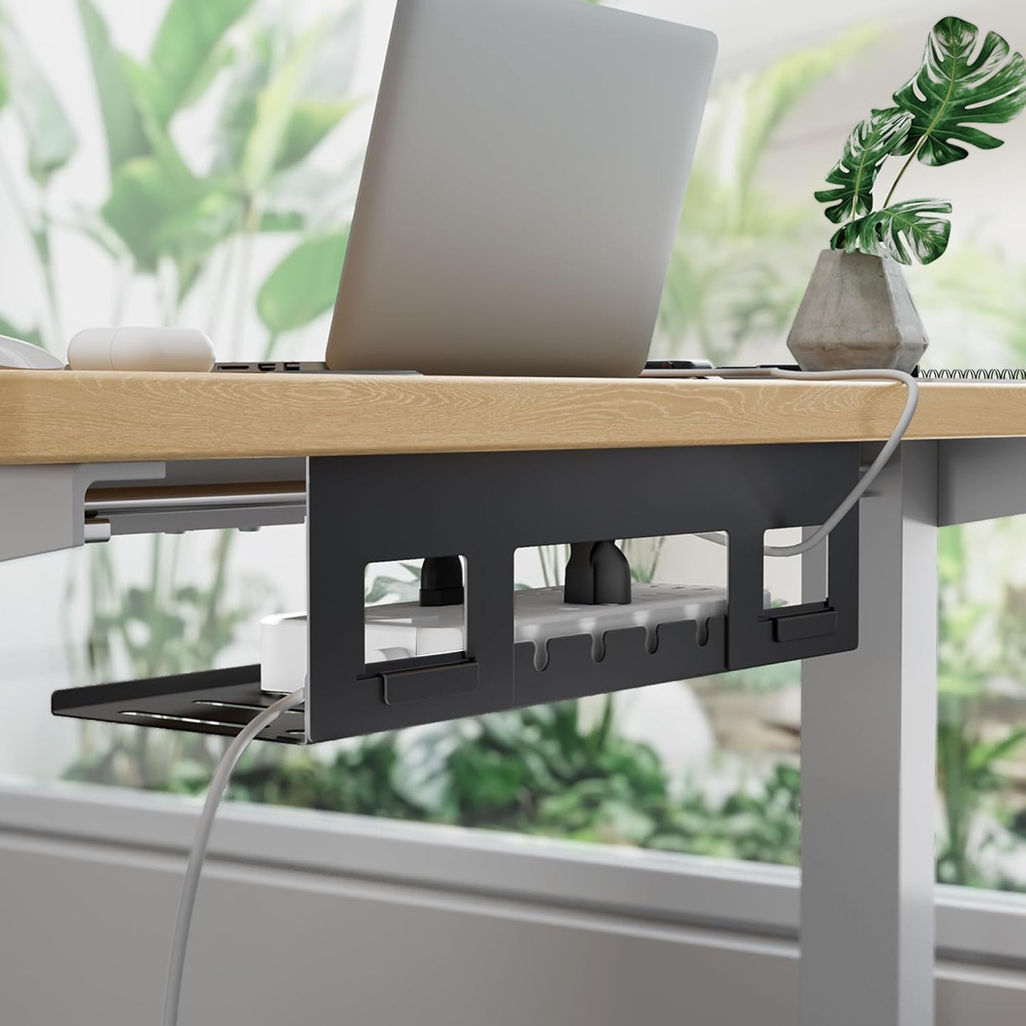 Under Desk Cable Management Tray, 15.7 Inches Metal Cord Organizer Rack, Desk Tray for Power Strip, Cord, Wire, Easy Mounting Cable Management Under Table for Home Office, Black