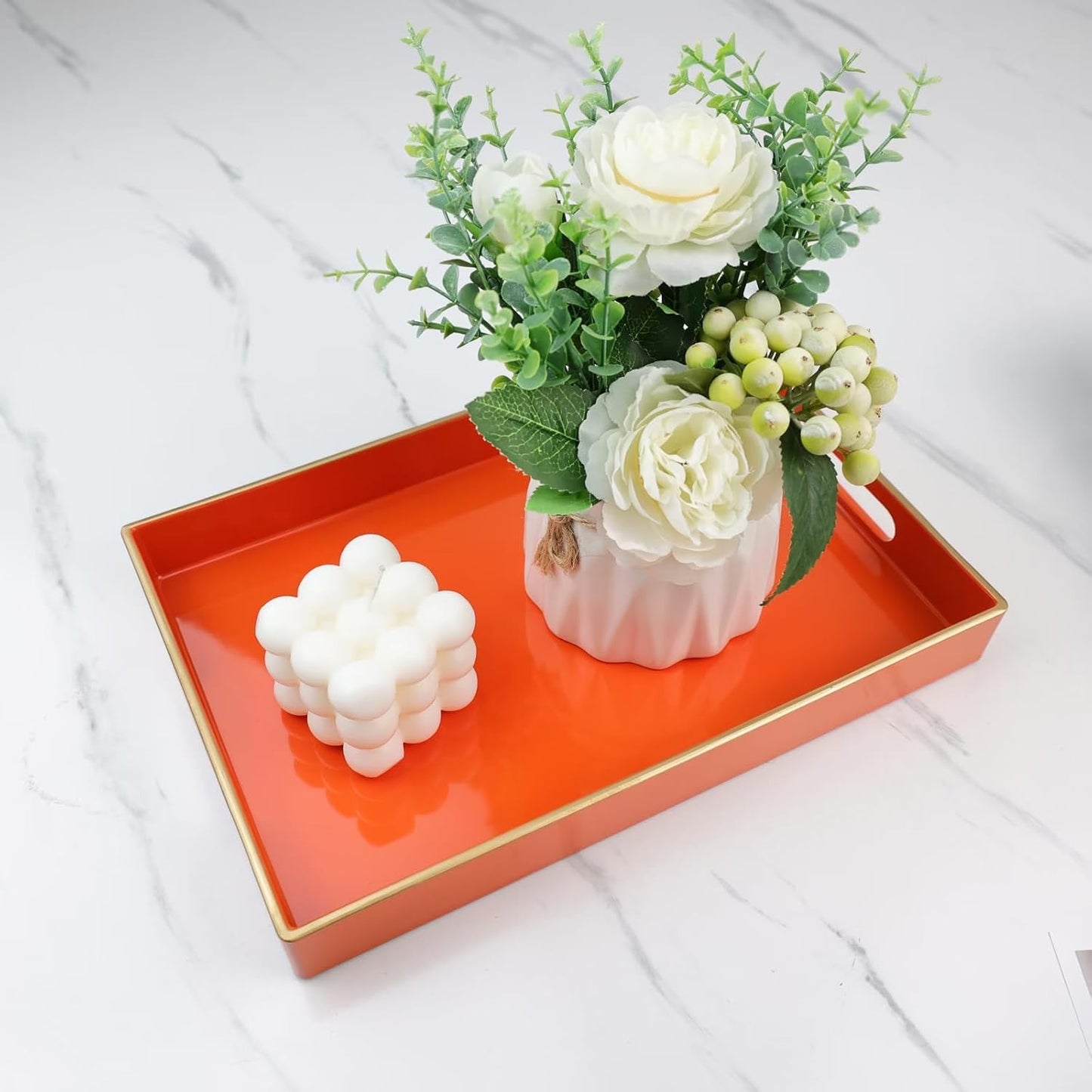 Spsyrine Orange Bathroom Vanity Tray with Handles for Dresser Tops, Countertop, Perfume Decorative Tray, 11.8” * 7.87” *1.37”