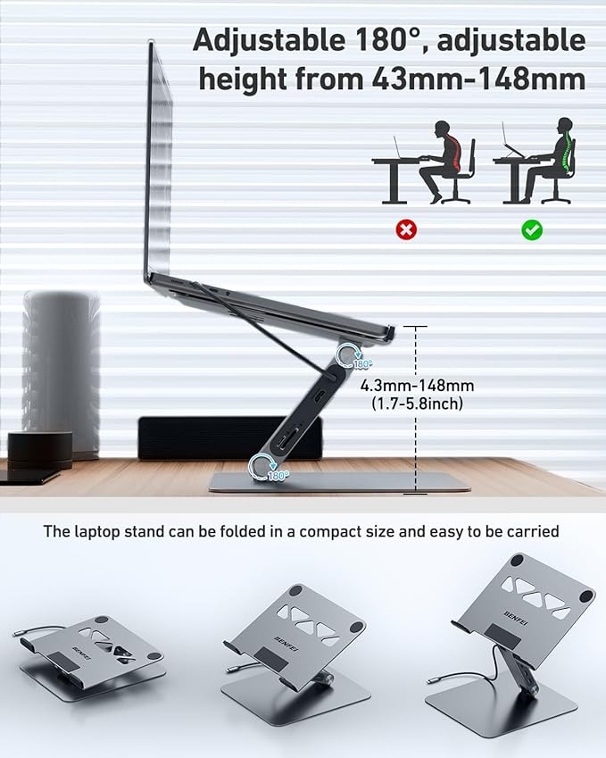 BENFEI Laptop Stand with USB C 7in1 Docking Station,HDMI 4K@60Hz,1*SD 1*Micro SD,100W Power Delivery,10Gbps 1*USB C 3.2 and 2*USB A 3.2 Compatible with MacBook Pro/Air, iPad Pro, XPS, Thinkpad