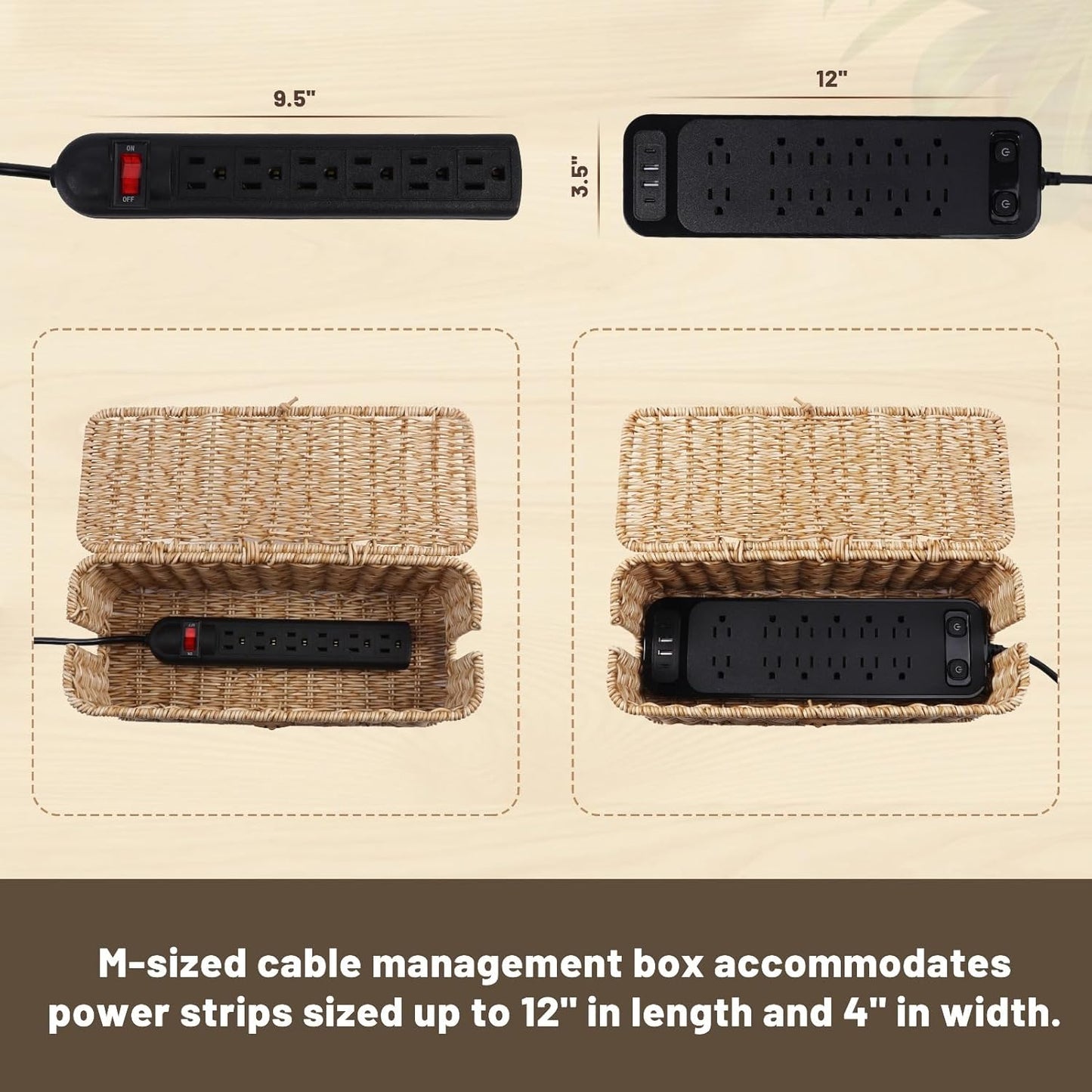 BROWNLILY Cable Management Box, Rattan Style Cord Organizer for Desk Cord Hider Outlet Covers Baby Proofing for Power Strip TV PC Router Charger Under Desk Storage - Natural Small