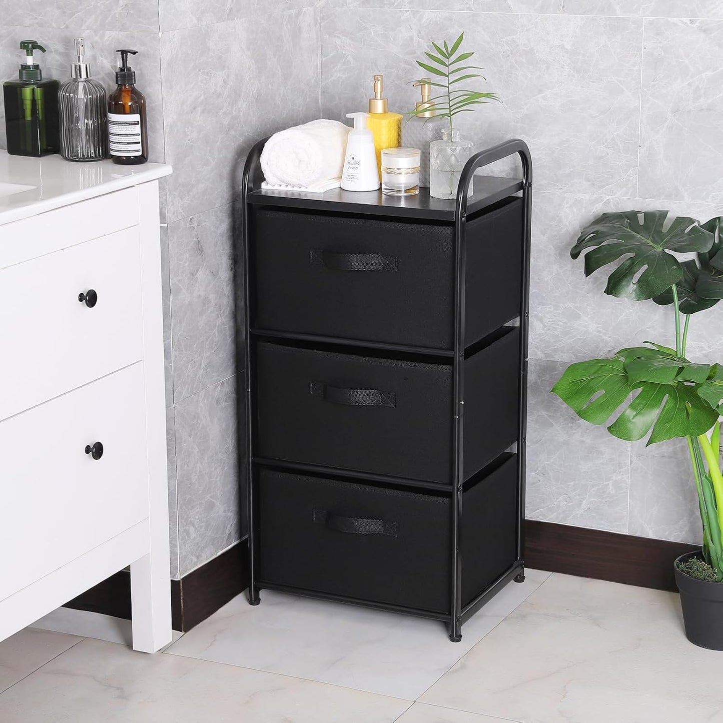 MAX Houser Dresser Storage with 3 Easy Pull Fabric Drawers, Fabric Dresser Tower,Vertical Storage Unit for Bedroom,Chest of Drawers with Metal Frame, Wooden Tabletop, for Living Room, Closet (Black)