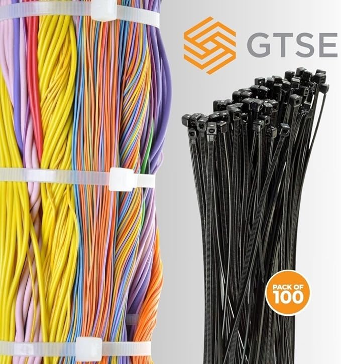 GTSE 8 Inch Black Zip Ties, 100 Pack, 40lb Strength, UV Resistant Strong Nylon Cable Ties, Self-Locking 8" Tie Wraps