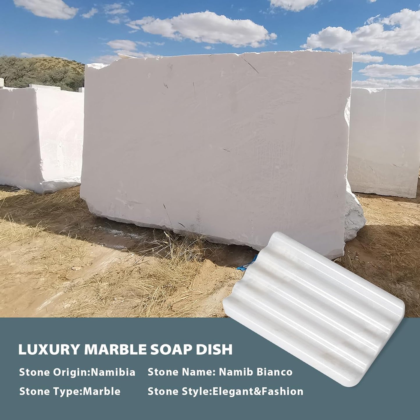 Koville African Natural Marble Soap Dish for Shower, Stone Soap Tray for Bathroom, Bar Soap Holder for Sink, Stripe Grooves Soap Saver Stone Dish Keep Bars Dry Easy Clean (Namib Bianco)
