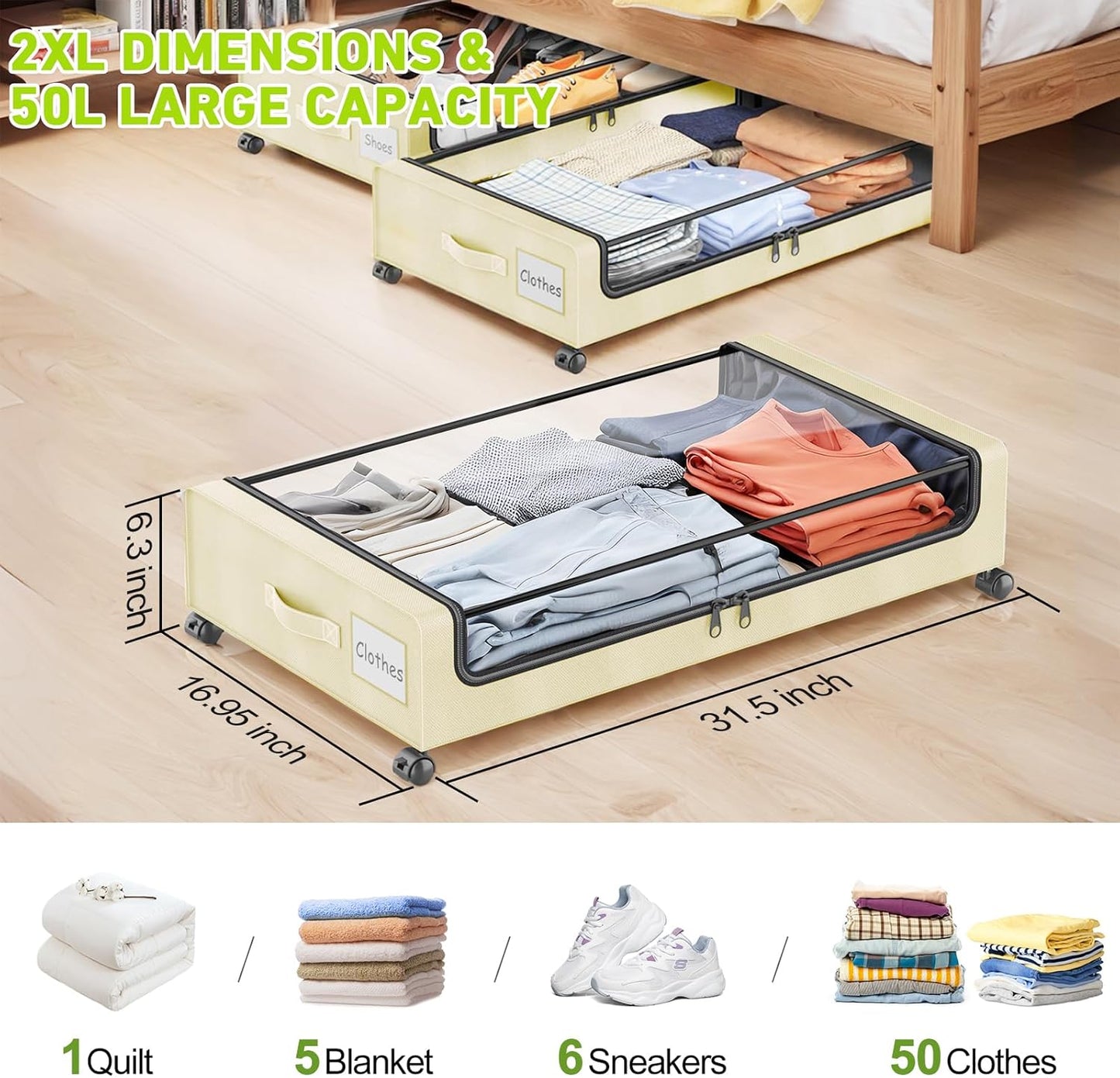 Under Bed Storage with Wheels, 4-Pack UnderBed Storage Containers with Clear Lids, Under Bed Shoe Storage Organizer, Rolling Under Bed Storage for Clothes Shoes Blankets (Beige)