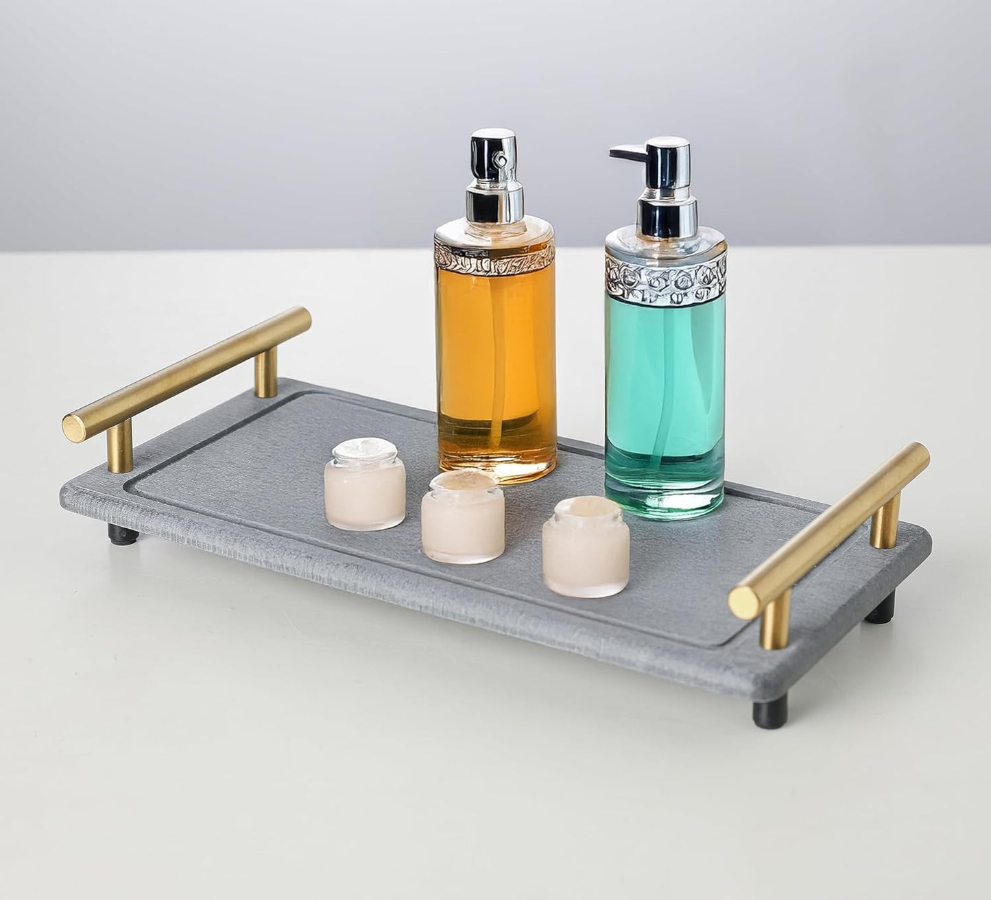 2Pcs Instant Dry Sink Caddy, Water Absorbent Diatomite Tray for Sink, Stone Drying Tray with Metal Handle, Keeping Kitchen and Bathroom Tidy and Clean (Dark Grey & Gold Handle, Large & Small)