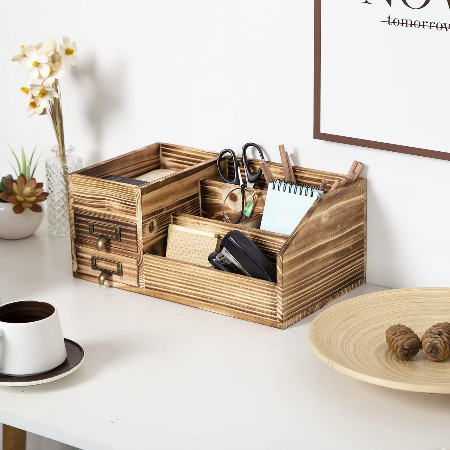 Distressed Rustic Wooden Office Desktop Drawers Organizer Wood Shelf Tabletop Home Organizer Storage with Multiple Compartments,perfect Jewelry storage Display Box for Desk, Vanity (Dark Brown)