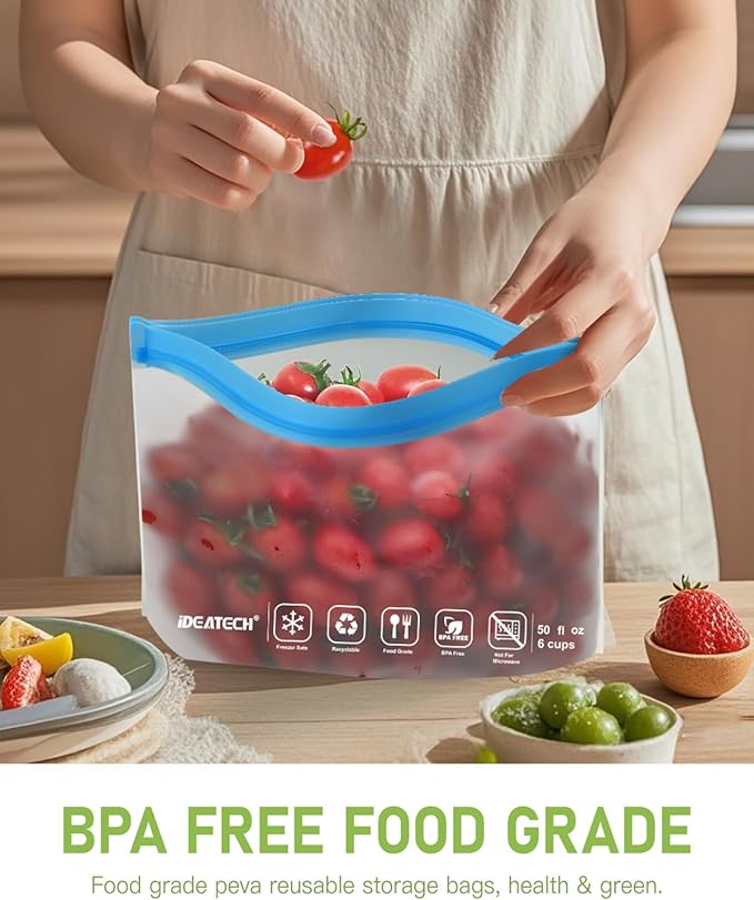 IDEATECH Quart Freezer Bags, BPA Free PEVA Reusable Sandwich Snack Bags, Quart Size Food Baggies Containers for Travel, Lunch, Healthy Food (Grey, 10Pack-10Quart)