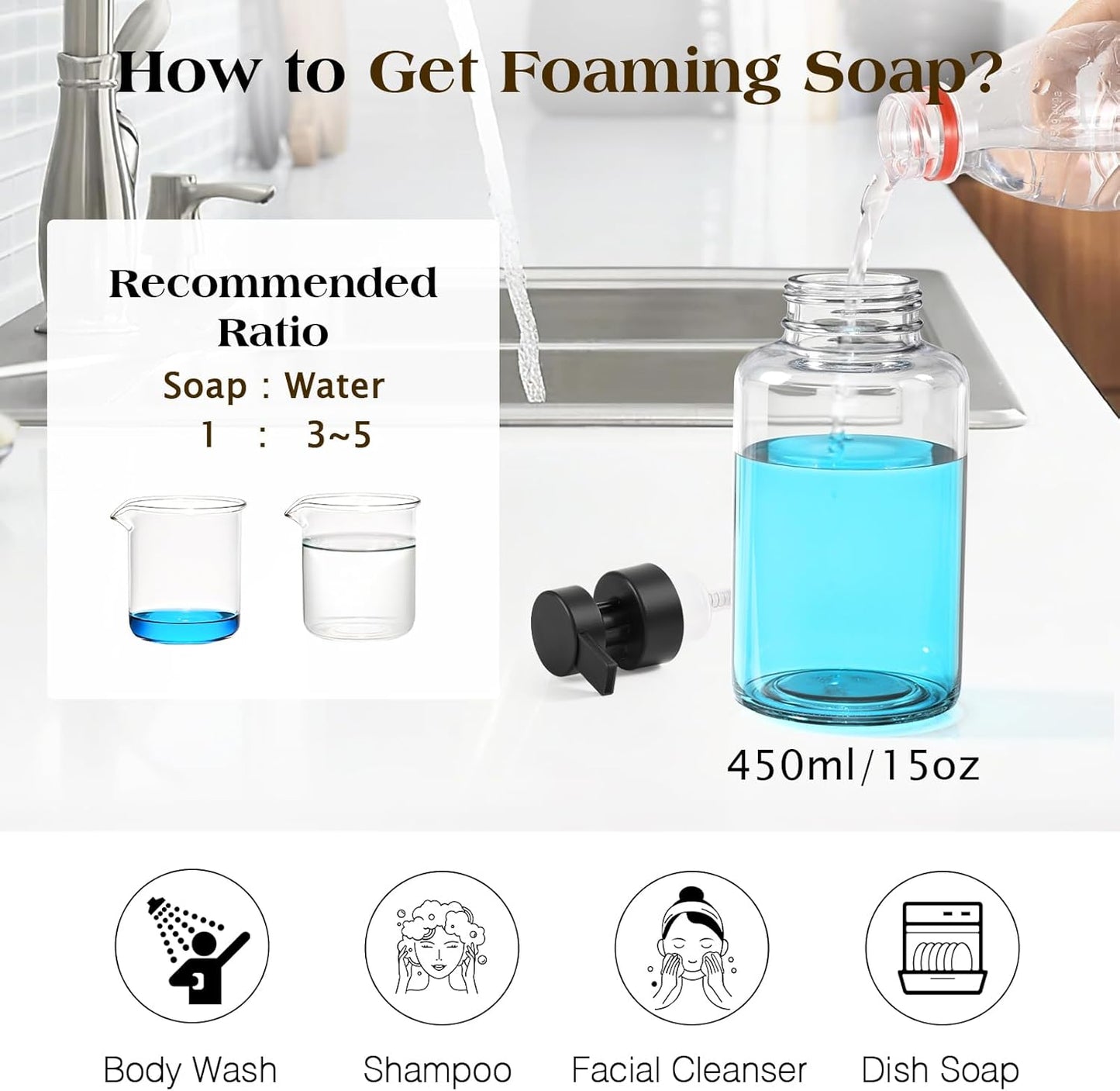 Luxspire Foaming Soap Dispenser, Non-Slip Hand Soap Dispenser with Fast Drying Tray, 15oz Glass Refillable Liquid Bottle for Bathroom & Kitchen, 2 Pack, Transparent + Dark Gray