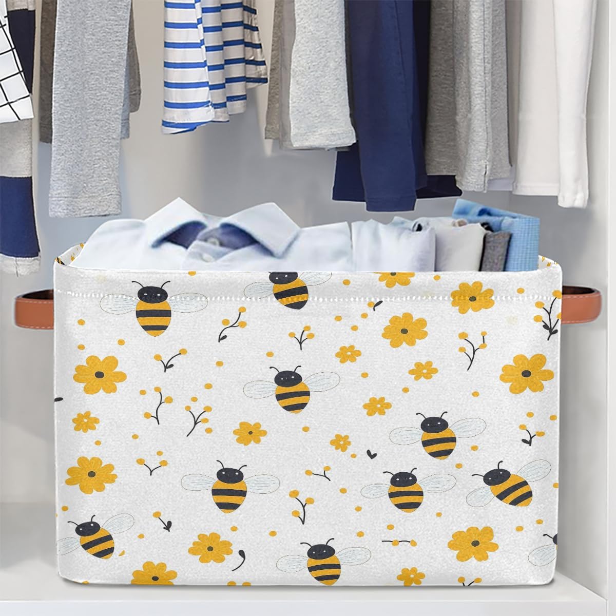 Bee Storage Basket for Shelves, Storage Bins with Handles, Collapsible Basket for Organizing, Closet Toy Baskets for Nursery Room, 15x11x9.5 in, Canvas, Yellow Bee