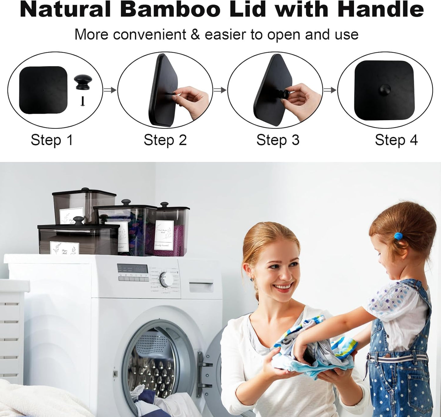 4 Pack Laundry Detergent Containers & Dryer Sheet Holder with Black Lids, Scoops & Labels - Plastic Laundry Organizer and Storage Jars for Pods, Detergent, Scent Booster