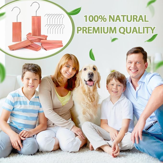 Woodever 16 Pack Cedar Planks for Clothes Storage, Aromatic Red Cedar Wood Hangers with Metal Hooks, 100% Natural Scent, with Sandpaper Freshener, for Drawers and Wardrobes