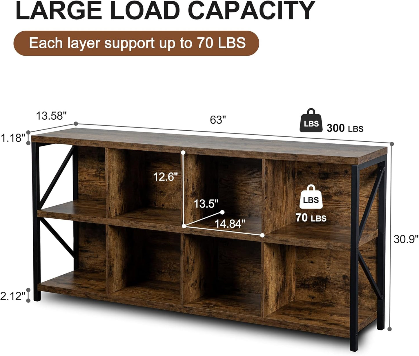 8 Cube Storage Organizer Bookshelf, Industrial Horizontal Bookcase, Accent Cubby Shelf, Media Console Table for Living Room, Home and Office, 63 Inches, Rustic Brown