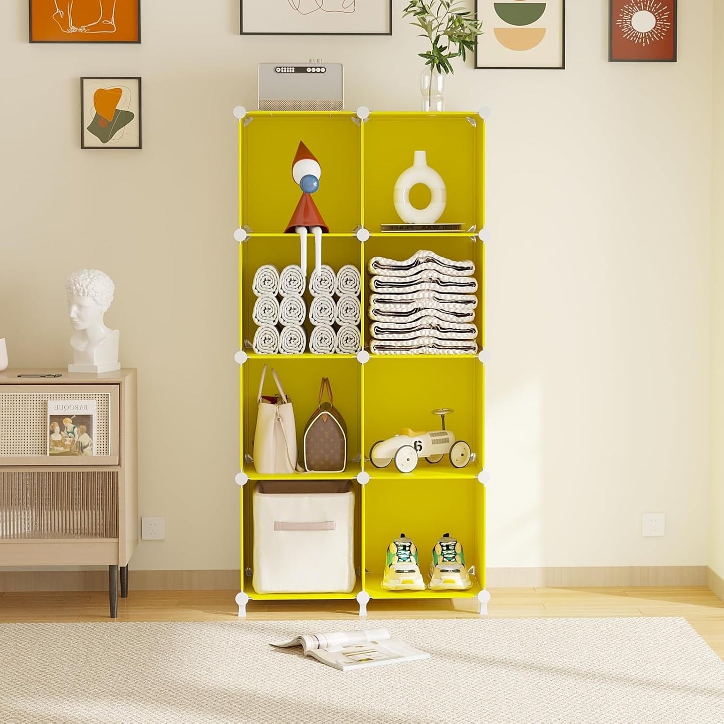 AWTATOS Cube Storage Organizer, 8 Cube Closet Organizers and Storage, DIY Stackable Bookshelf Plastic Clothes Organizer Shelving for Bedroom, Home, Yellow