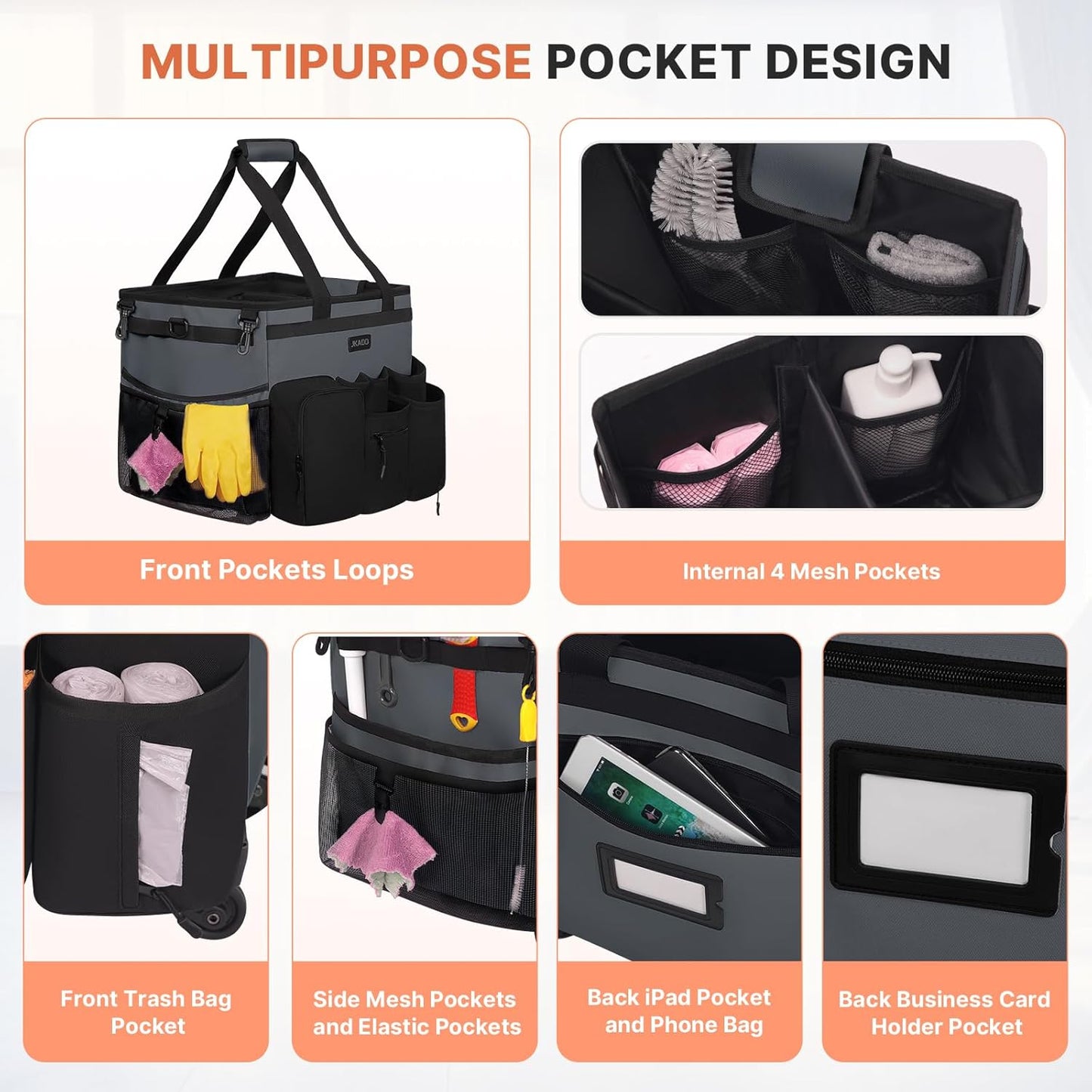 Large Rolling Cleaning Caddy Bag with Detachable Trolley, Waterproof Cleaning Caddy on Wheels for Housekeepers, Cleaning Cart Supplies Organizer for Home,Car,Office,Picnic(Gray)(InPatent)