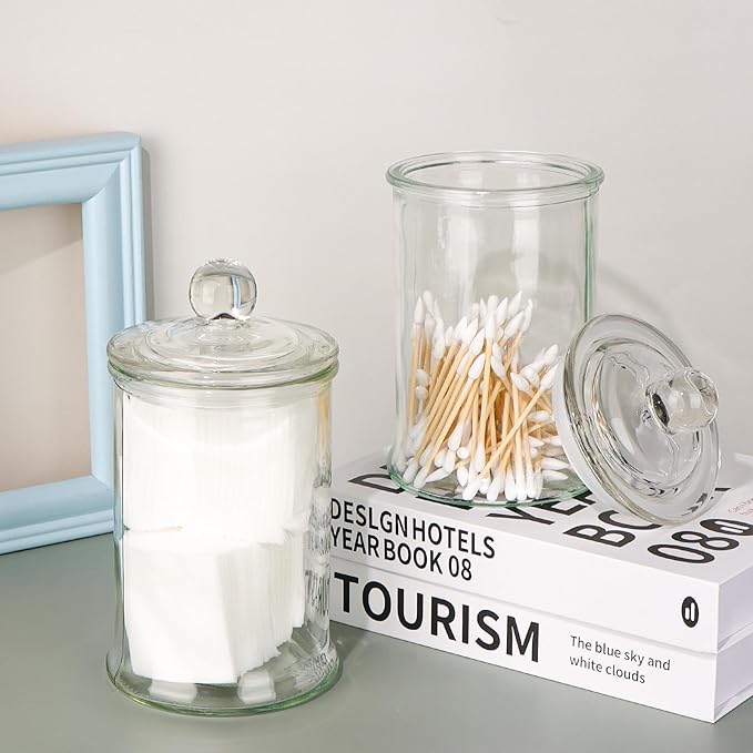 3 Pack Glass Apothecary Jars with Lids, 25oz Clear Bathroom Accessories Canisters Storage Organizer, Cotton Ball Holder Containers, Glass Jars for Bathroom, Vanity, Laundry Room