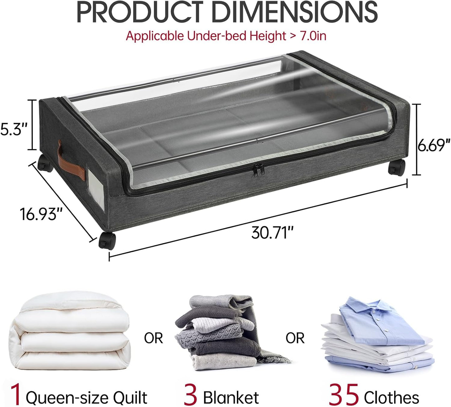 Yecaye Under Bed Storage with Wheels, 4 Pack 60L Under Bed Rolling Storage with Clear Window & Label, Underbed Storage Containers, Rolling Under Bed Metal Drawer for Clothes, Shoes, Books