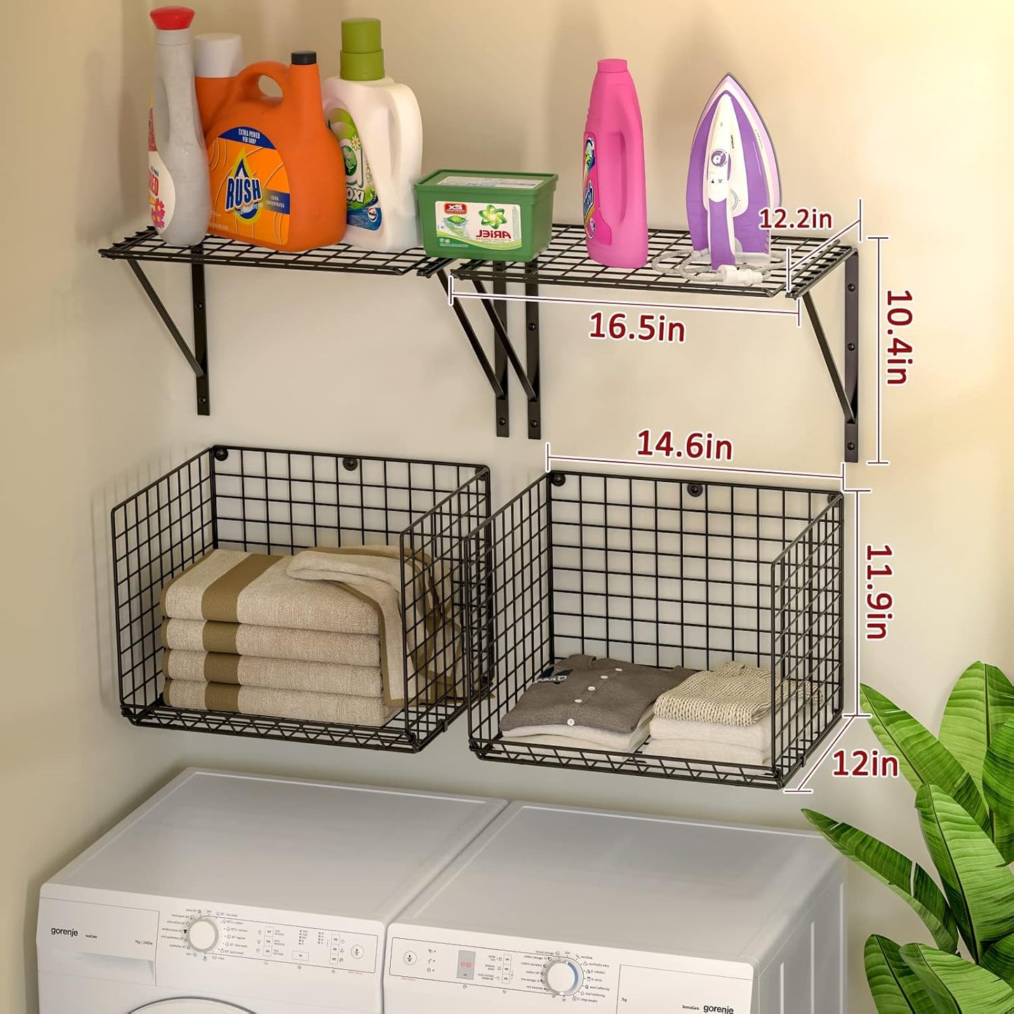 2 Pack Laundry Room Shelves, Wire Baskets with 8 Hooks, Over Washer and Dryer Shelf, Wall Mounted Storage and Clothes Drying Rack, Black