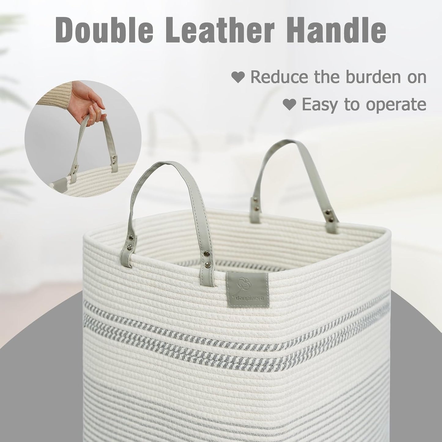danpinera 100L Nursery Hamper, Tall Woven Laundry Basket with Long Leather Handles, Boho Laundry Hamper for Living Room & Bedroom, Eco-friendly & Convenient Decorative Storage Basket White & Gray