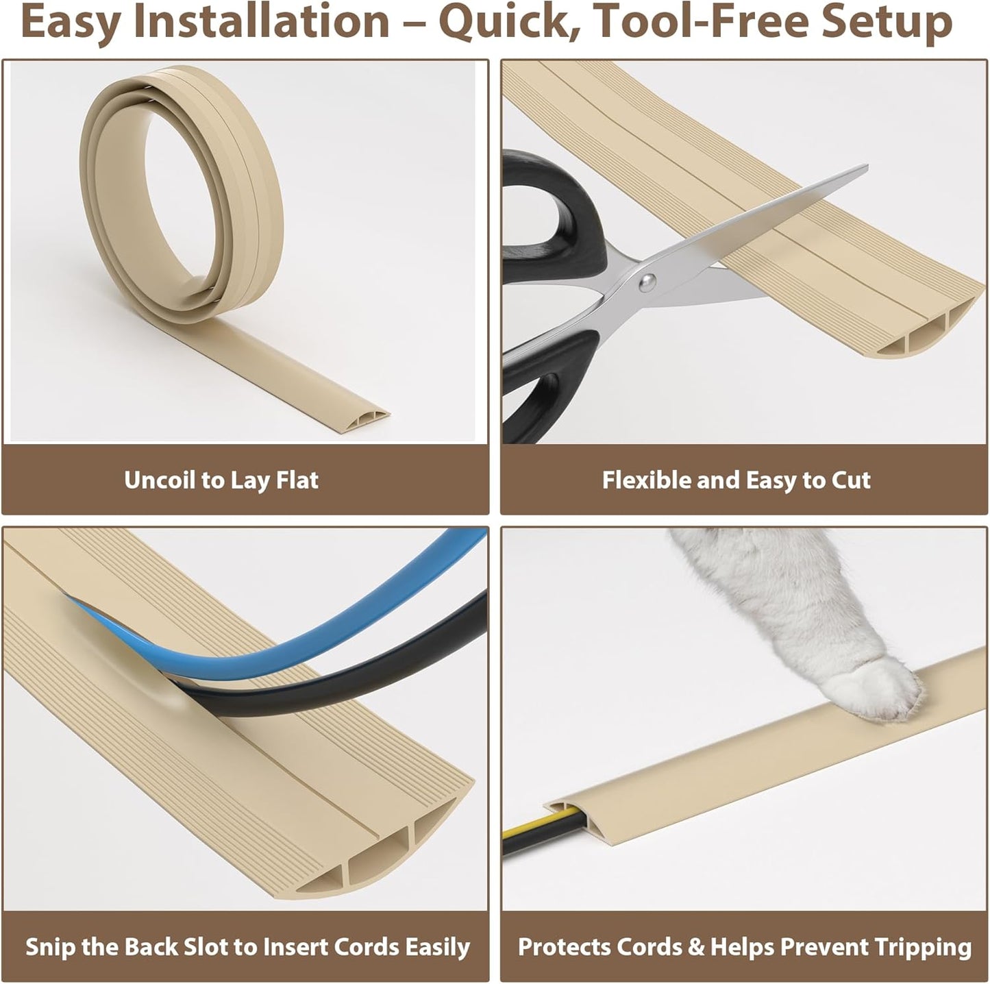 ZhiYo 4ft Cord Hider Floor, Soft PVC Cord Covers for Wires on Floor, Wire Cover to Hide Extension Cords, Cable Cover Protect Cords & Prevent Trips, Cable Cavity: W0.6in x H0.32in, Ivory