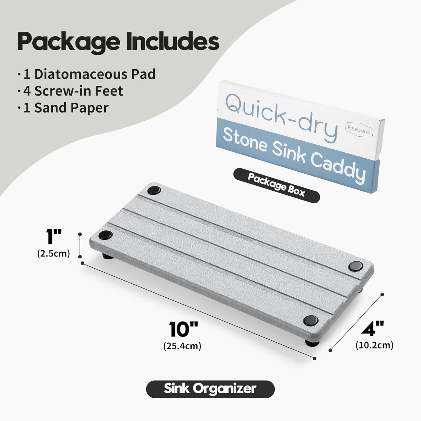 Fast Stone Drying Tray Diatomite Sponge Holder Mat, Kitchen Sink Organizer Sink Caddy, Kitchen & Bathroom Counter Makeup Vanity Dispenser Toothbrush Bottle Soap Dish Rack,Light Gray, 10" x 4"