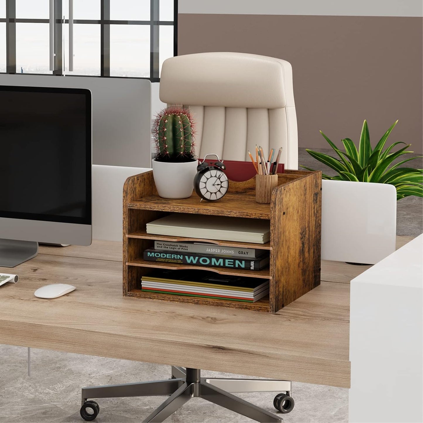 Snughome Vintage Wood File Organizer Desktop, 13.7‘’ Document Letter Mail Tray Sorter with 3 Adjustable Shelves, Wooden Desktop Paper File Sorter Holder for School Home Office Supplies (Rustic Brown)