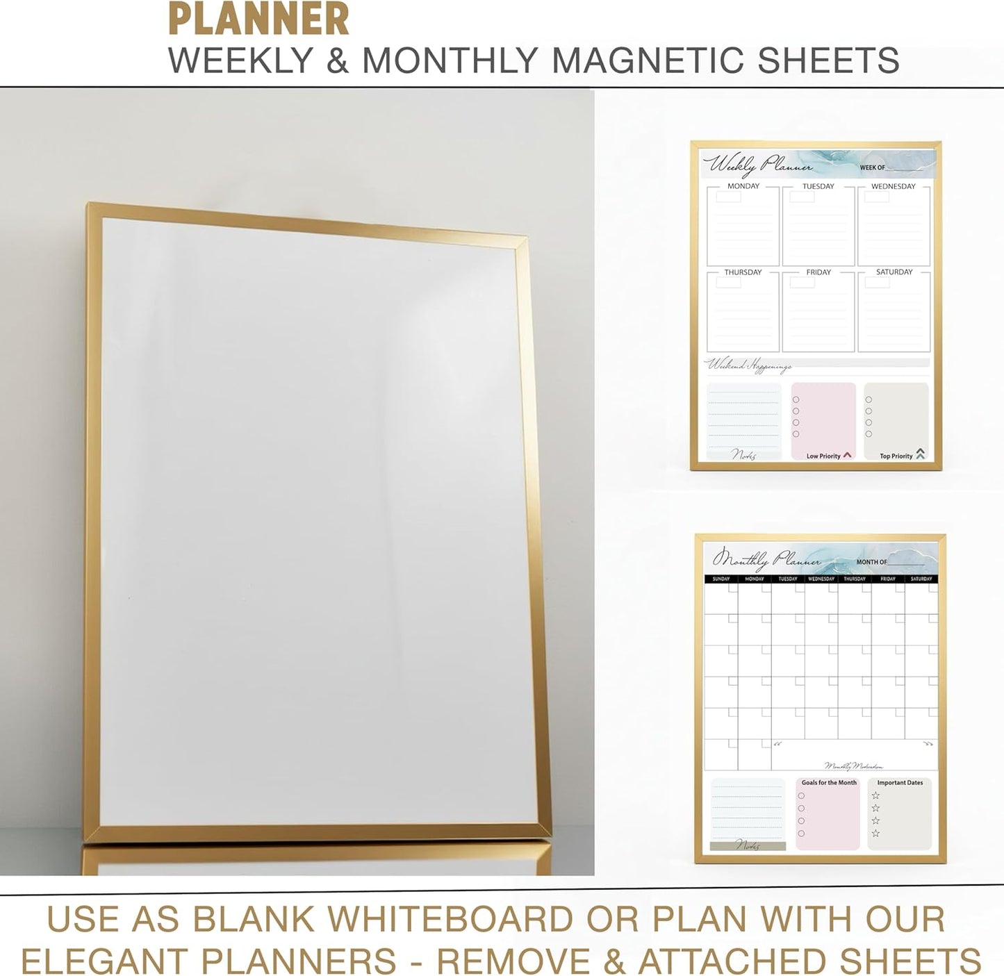 Small Whiteboard 12 x 16 Inch Magnetic Dry Erase Board with Stand & Wall Mount | Gold Aluminum Frame | Planner Board with Weekly & Monthly Sheets | 3 Markers, Eraser & 2 Magnets