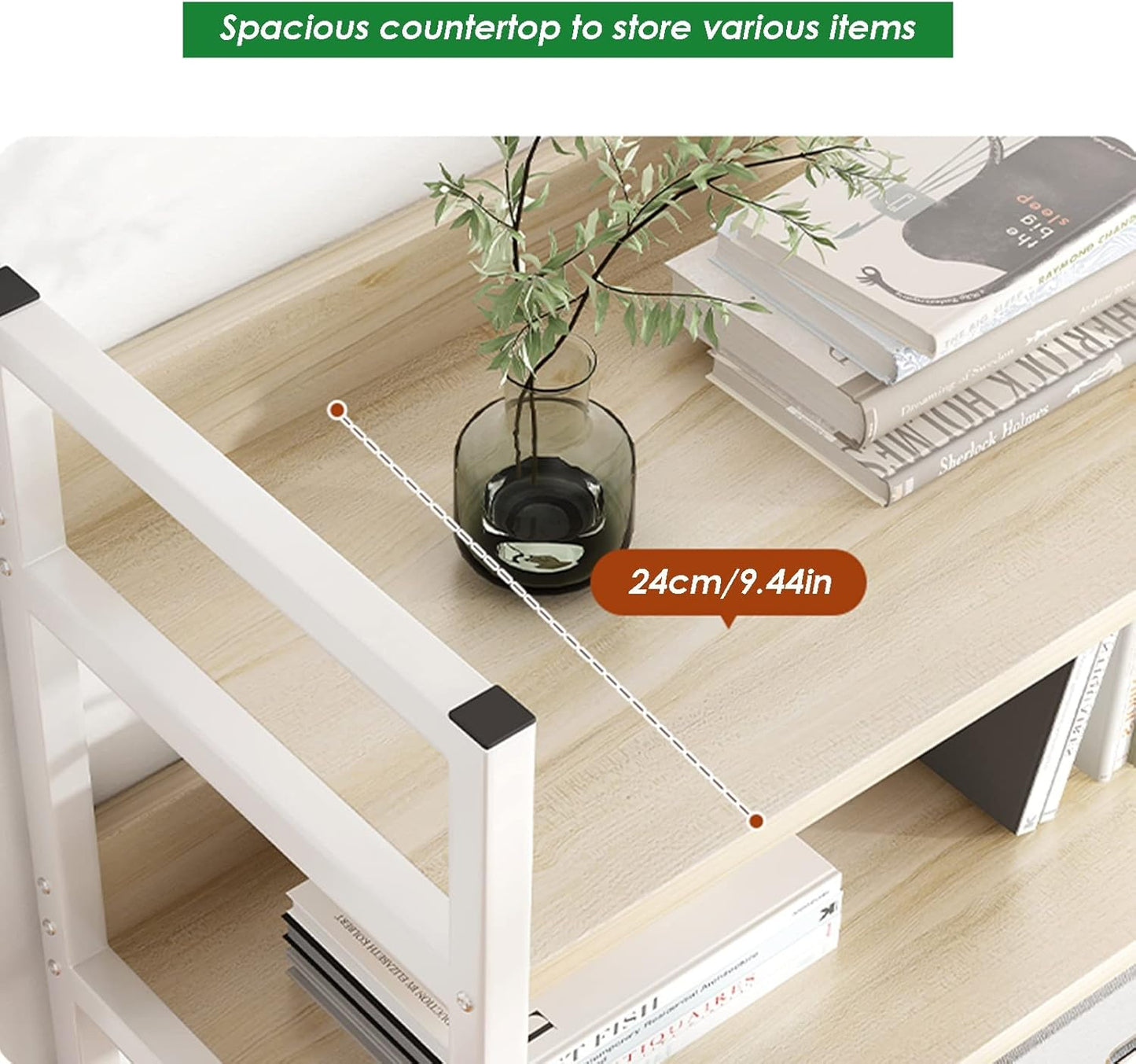 Desktop Bookcase for Computer Desk,2 Tier Adjustable Desk Bookshelf, Wood and Metal Printer Stand Office Supplies Organizers and Storage Display Shelf