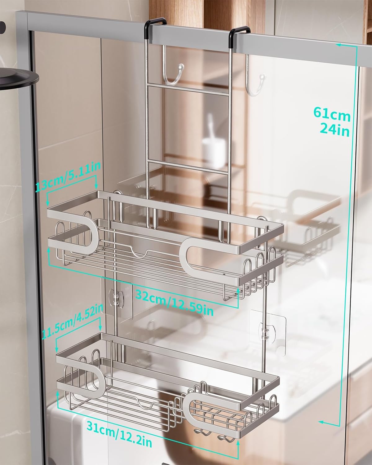 HapiRm Shower Caddy over Door- Hanging Shower Organizer with 14 Hooks and Soap Holder, Rustproof & Waterproof Stainless Steel Bathroom Shelf - Brushed Nickel