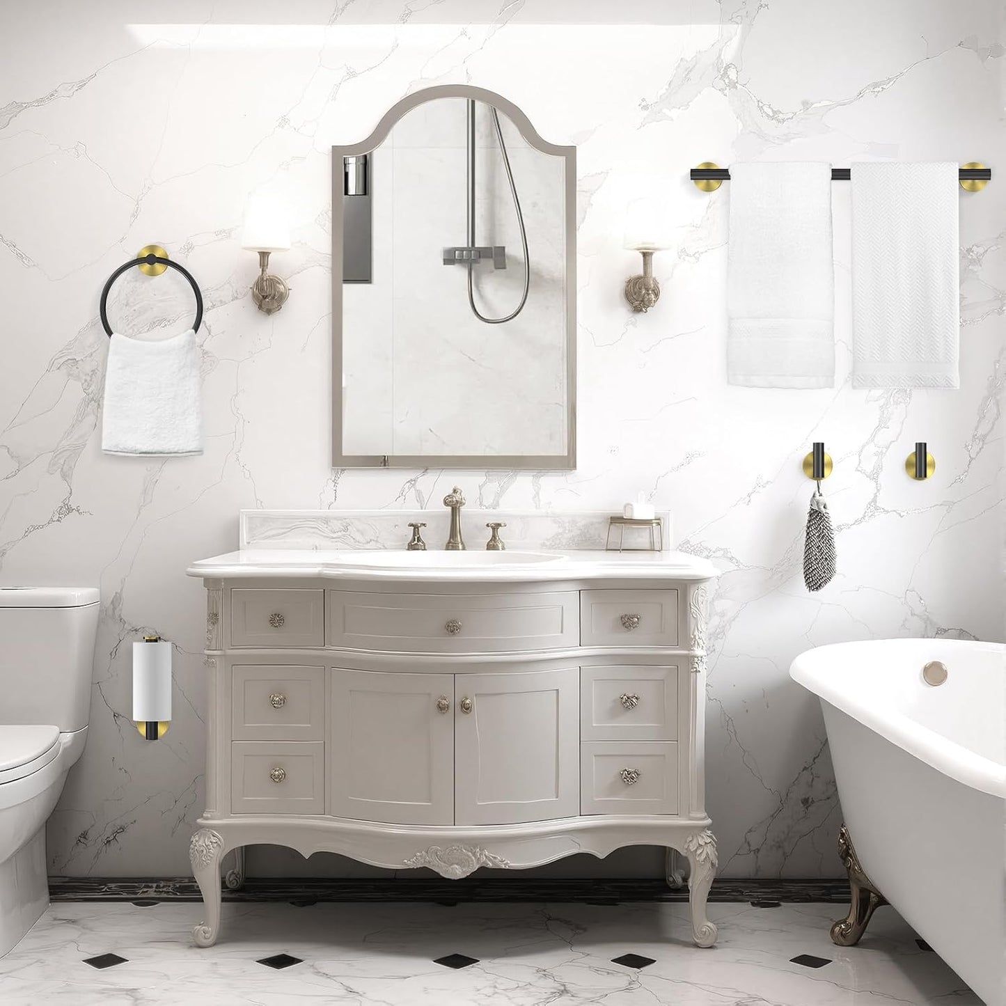 5 Pcs SUS304 Stainless Steel Bathroom Accessories Set, 24" Towel Bar, Round Towel Ring, Toilet Paper Holder, 2 Towel Hooks, Minimalist Design for All Styles Bathrooms (Black+Gold)