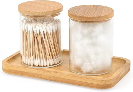 Bamboo Vanity Tray, Bathroom Tray Organizer Glass Qtip Holder Dispenser Apothecary Jars for Cotton Swabs Balls, Round Pad, Perfume Candles, Cosmetics and Jewelry Storage Organizer