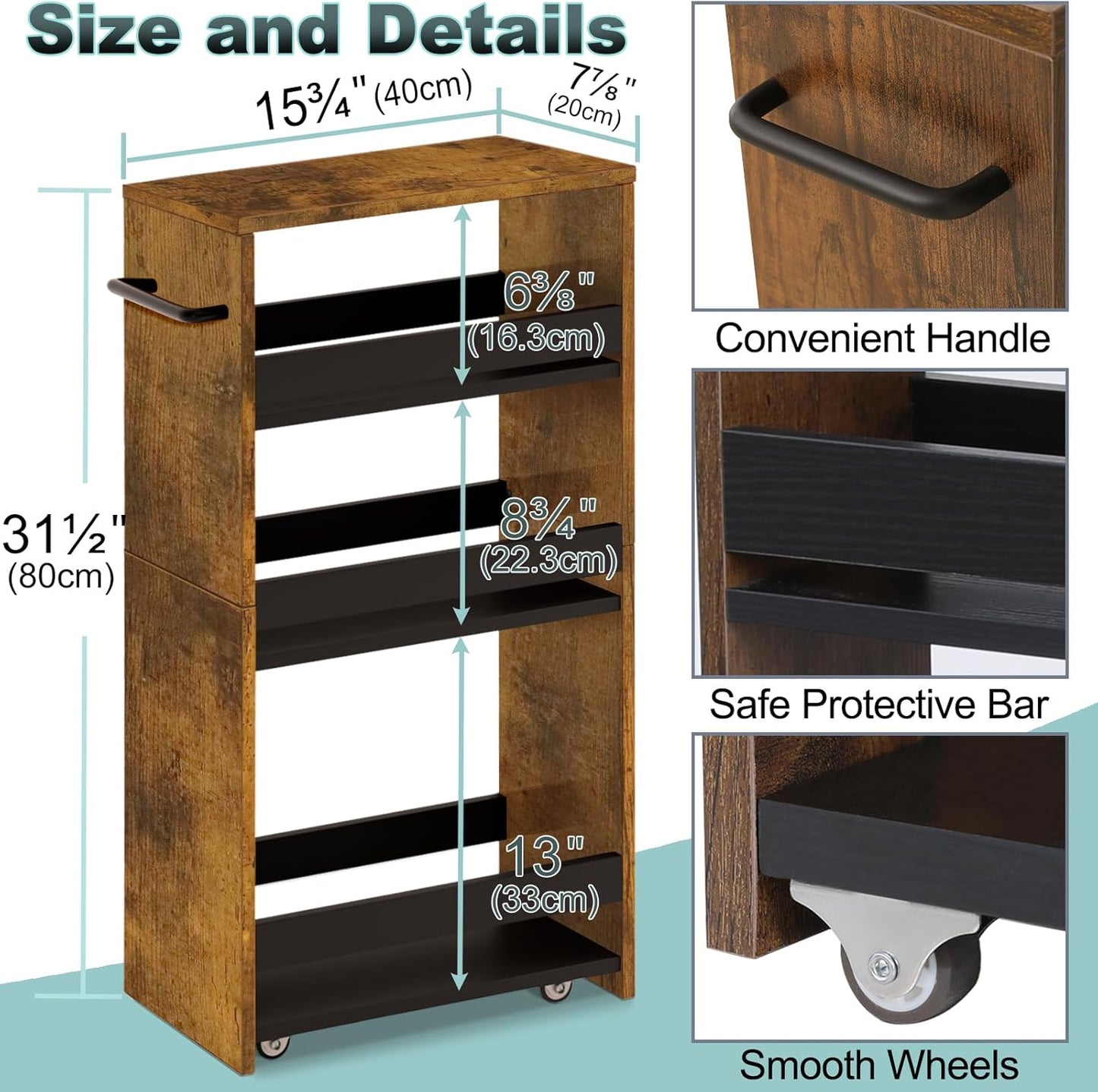 MARTY Rolling Storage Cart 7.9" W, 4-Tier Narrow Kitchen Cart with Wheels Handle, Slim Storage Mobile Shelving Utility Carts for Bathroom Laundry Room Organization Small Spaces(Rustic Brown)