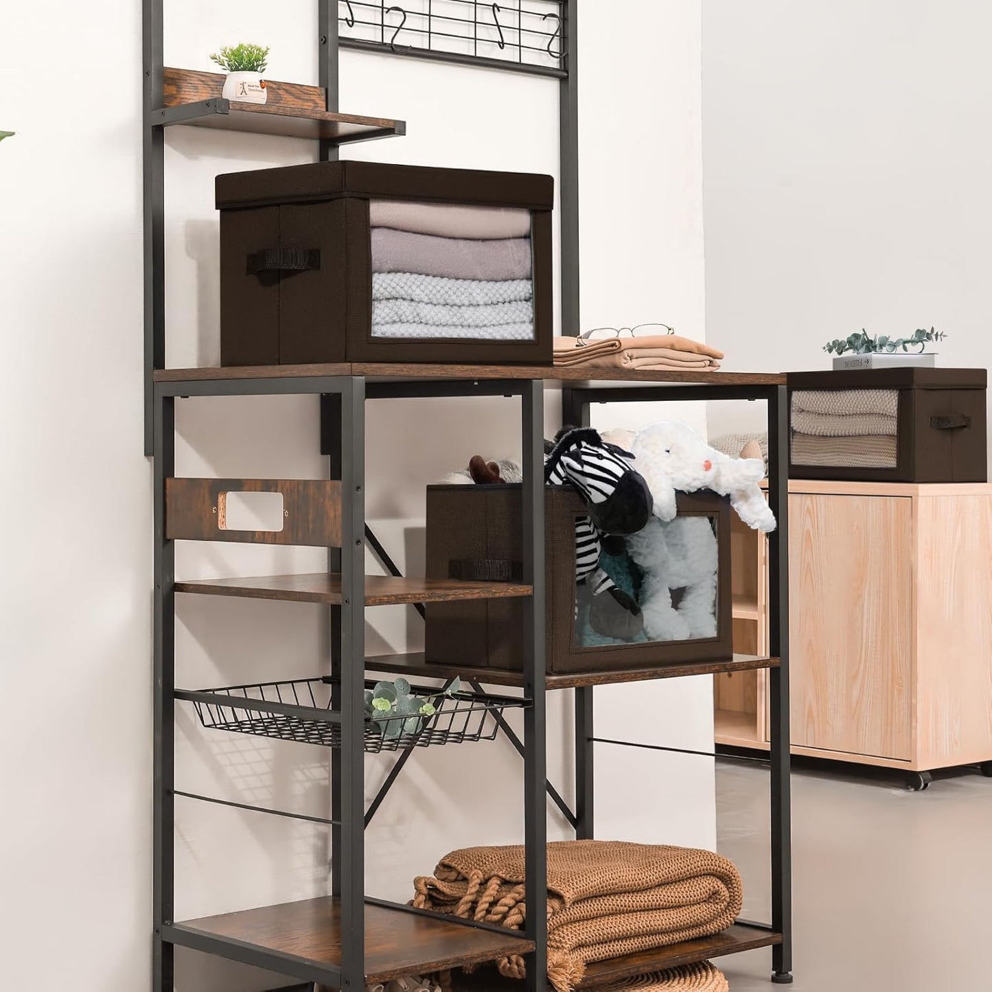 Foldable Storage Boxes with Clear Window - Clothes Organizers and Decorative Bins with Lid, Fabric Storage Cube, Baskets for Shelves, Yarn, Home, Brown, 3 Pack