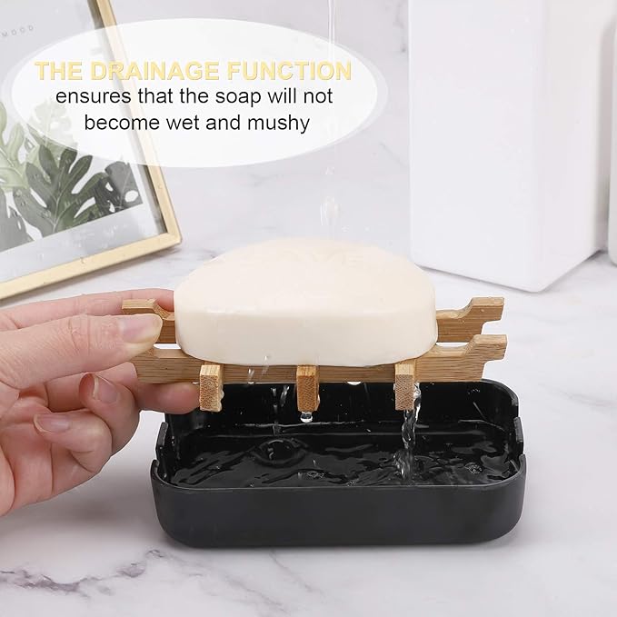 Bamboo Wooden Soap Dishes for Shower with Drainage for Bathroom Bar Soap Holder Soap Holder Sink Deck Bathtub Shower Tray (One Pieces Black)