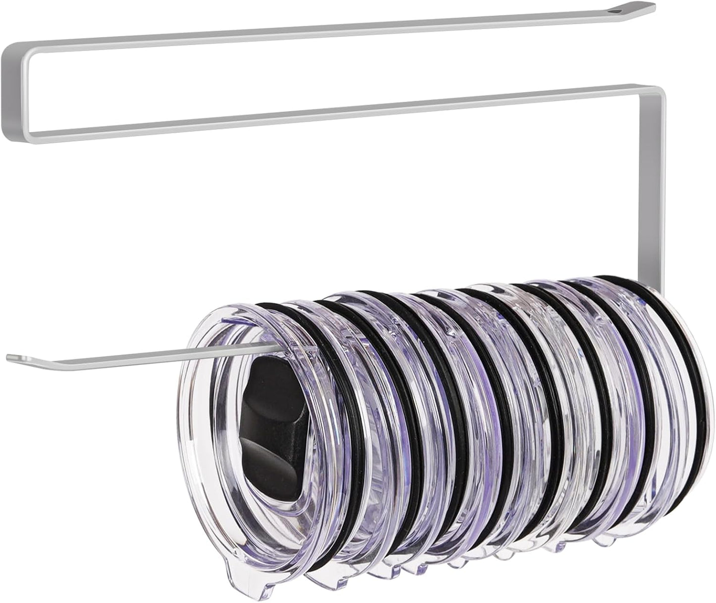 Tumbler Lid Organizer, Horizontal Tumbler Lid Storage Hook Up to 10 Lids, Space Saving Cup Lid Holders Under Cabinet Tumbler Lid Hook for Kitchen Organizer and Storage, Paper Towel Rack Hanger (Gray)